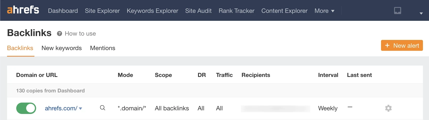 Peringatan tautan balik, melalui Ahrefs Alerts