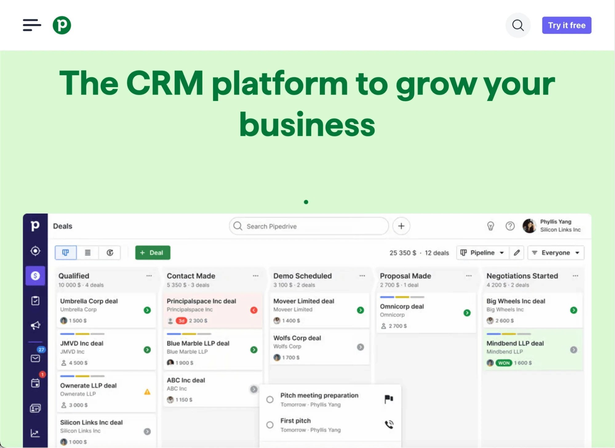 Page d'accueil de la plateforme Pipedrive CRM