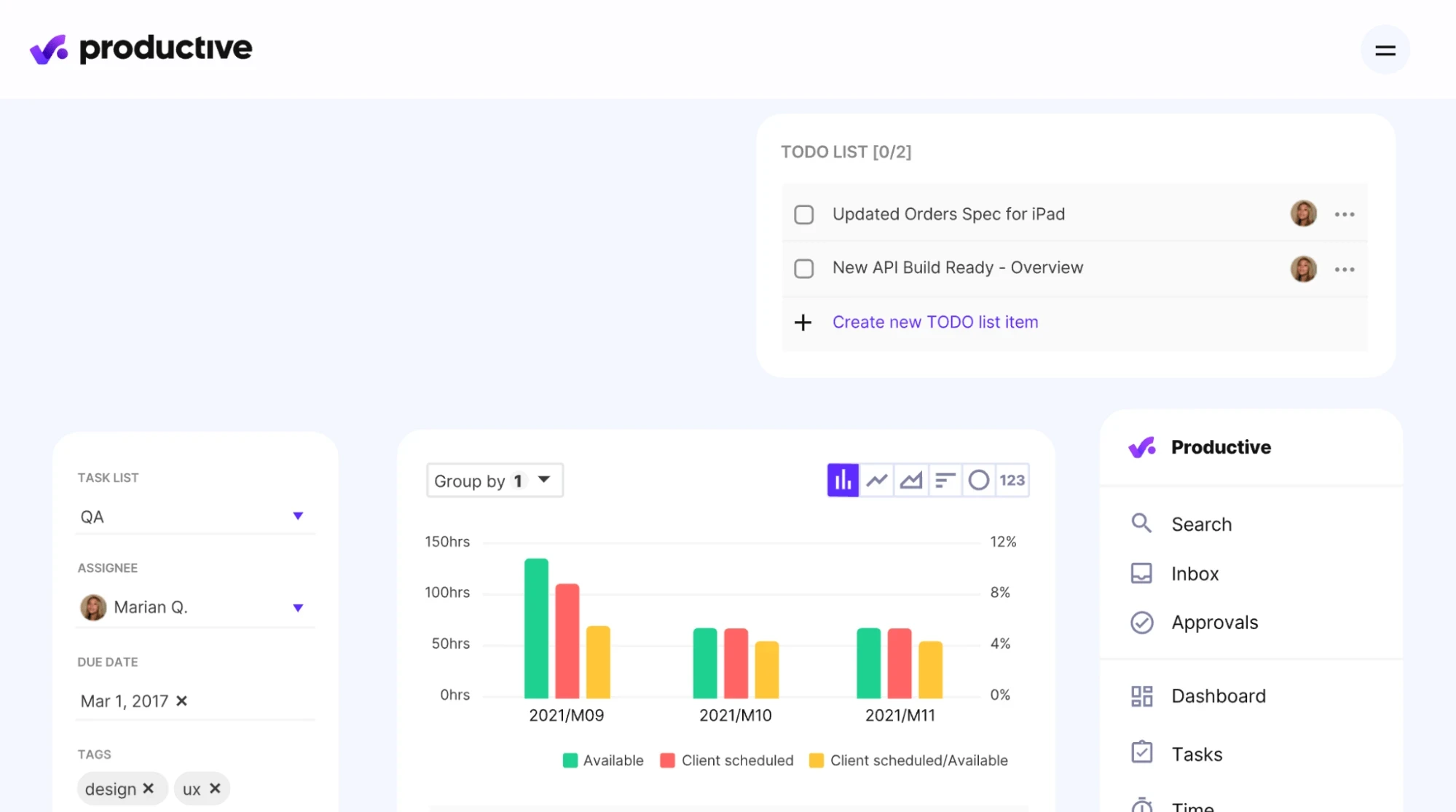 الصفحة الرئيسية لـ Productive.io