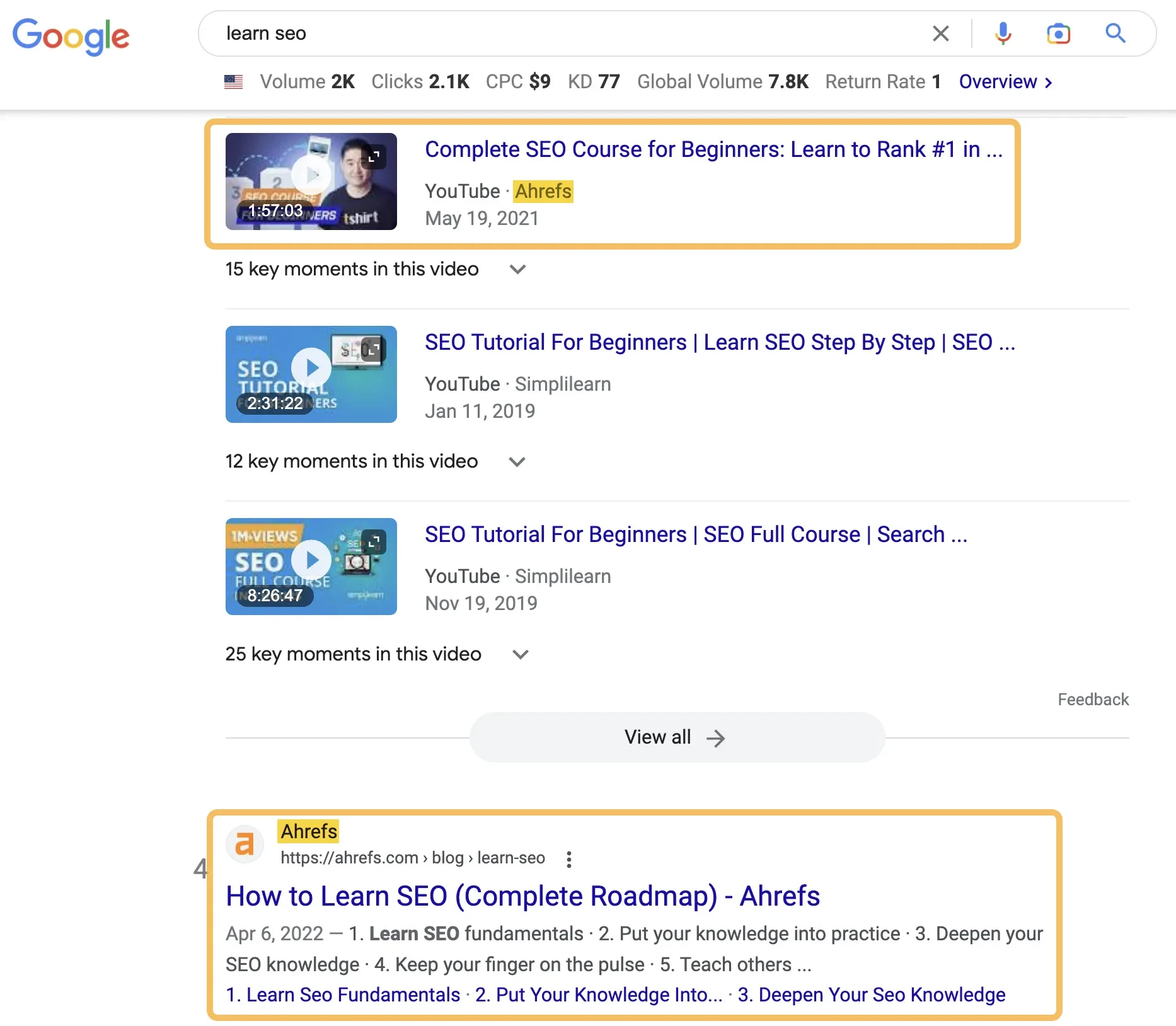 SERP-Ergebnisse für „learn seo“ zeigen sowohl ein YouTube-Video als auch einen Blog-Beitrag von Ahrefs