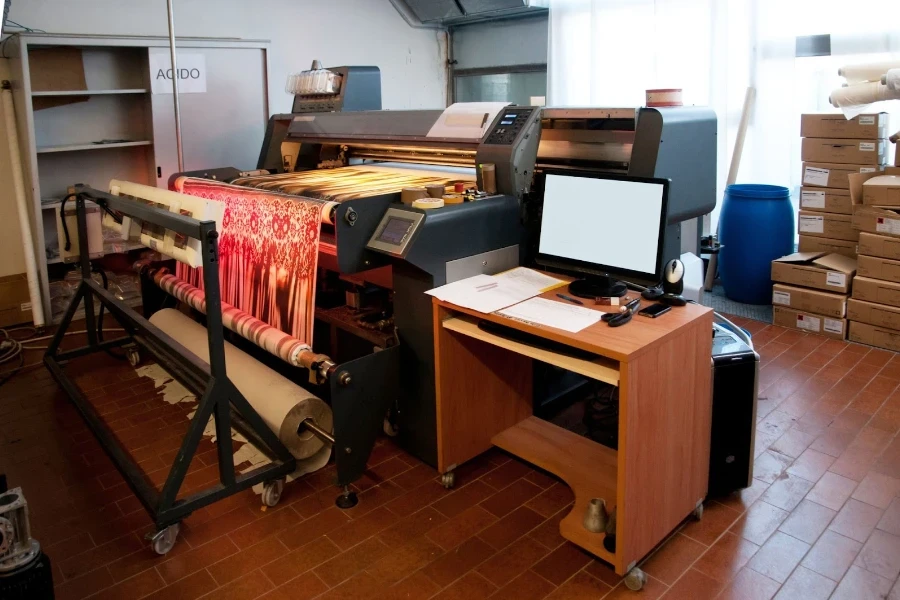 Digital textile printing ink-jet printer in a workshop