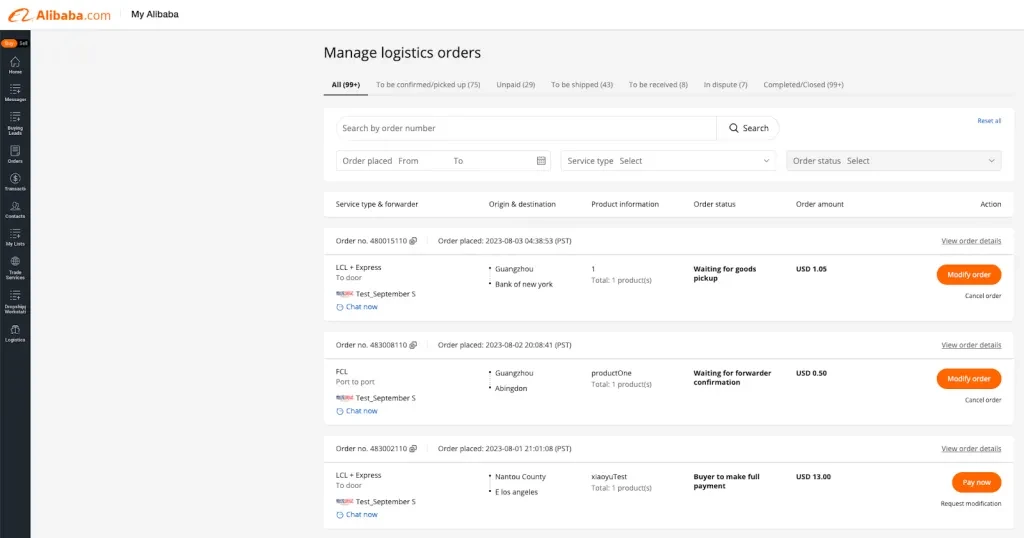 "Manage logistics orders" page offers an overview of order statuses