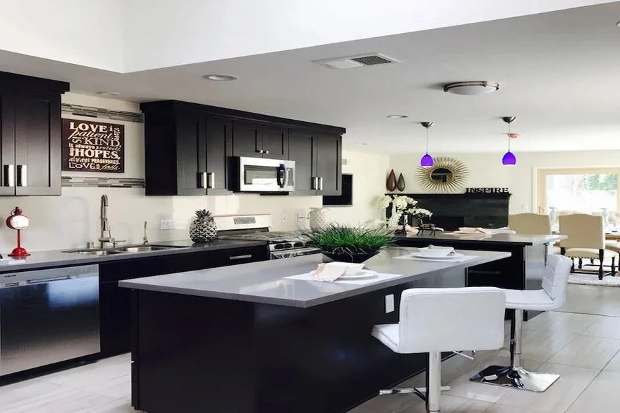 Una cocina cuidada con interior en blanco y negro.