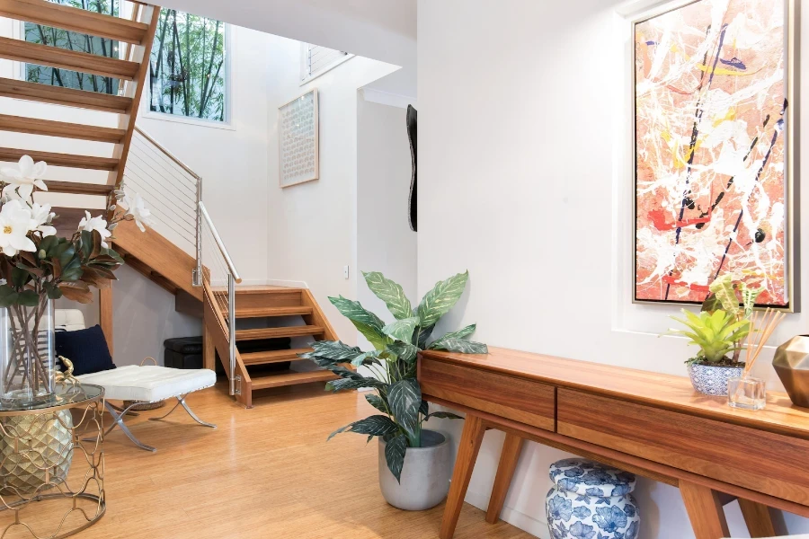 Stained wood mid century modern entry console table