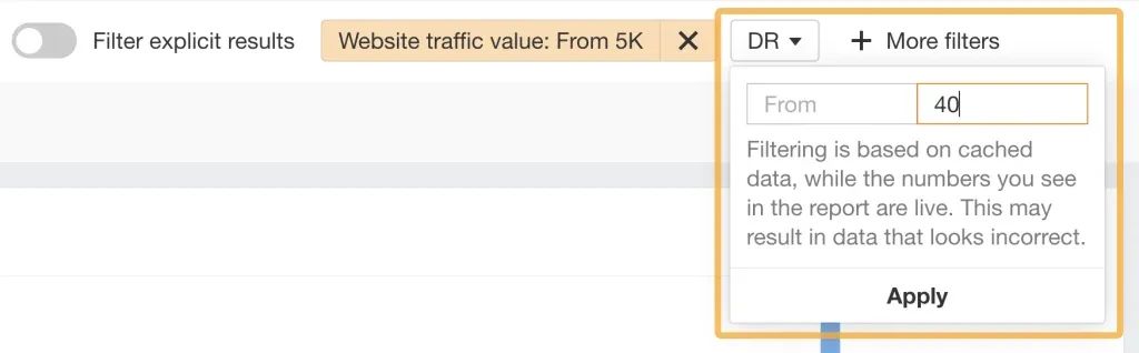 Filtro de "classificação de domínio" do ahrefs