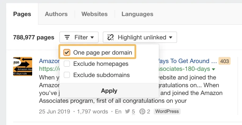 il filtro "una pagina per dominio" di ahrefs in Content Explorer