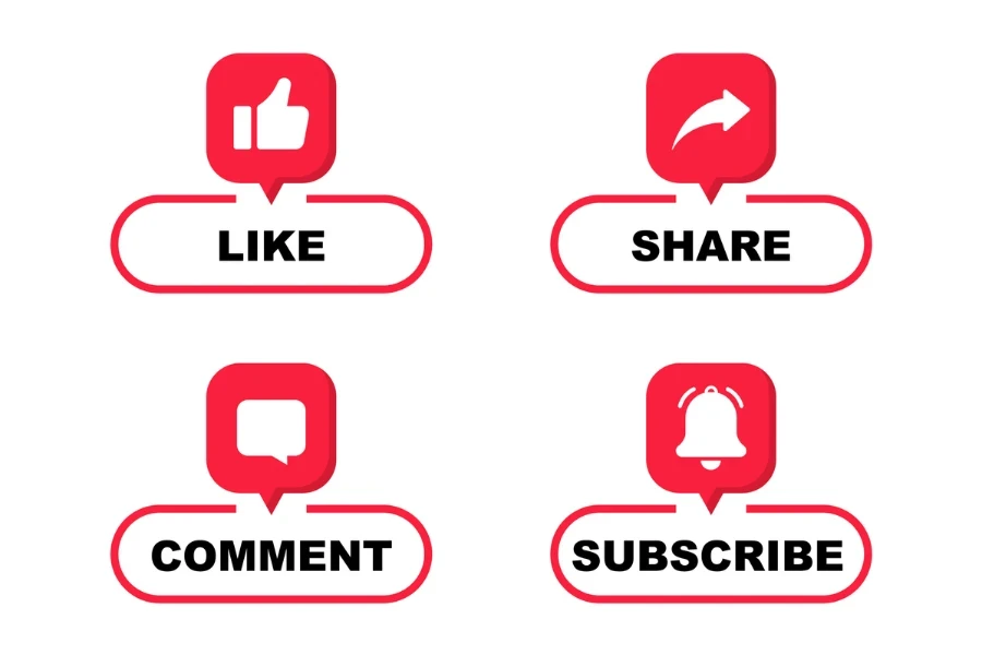 Web-Buttons „Gefällt mir“, „Kommentieren“, „Teilen“ und „Abonnieren“.