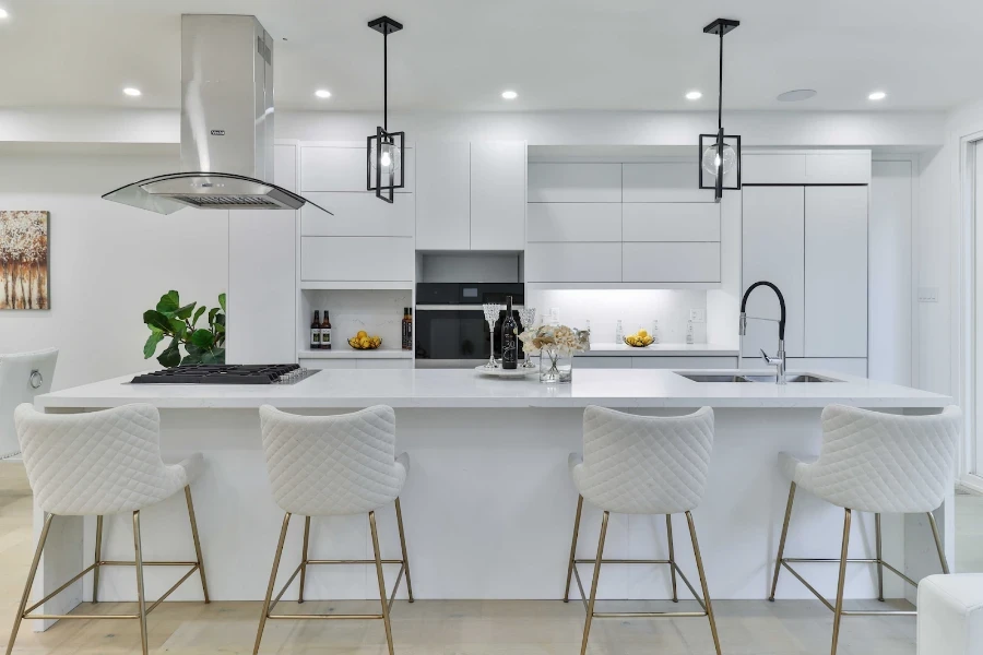 Quilted white fabric kitchen counter chairs