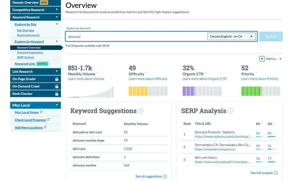 Screenshot dei suggerimenti per la ricerca di parole chiave in Moz Keyword Explorer per la parola chiave seed "cura della pelle"