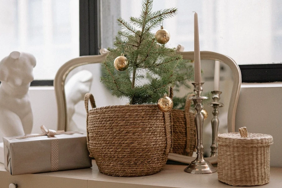 wicker baskets and other items on a dresser top