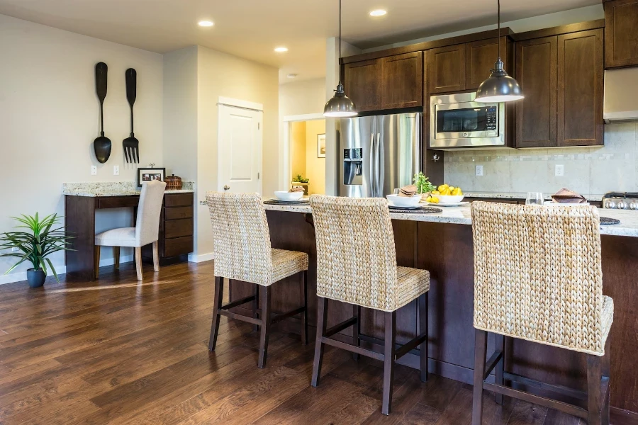 Woven counter bar chairs with wooden legs