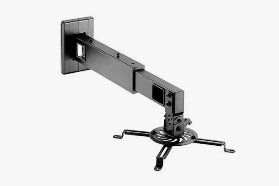 A black wall projector mount on a gray background