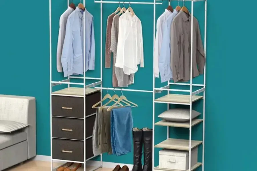 A laundry organizer with clothes and shoes