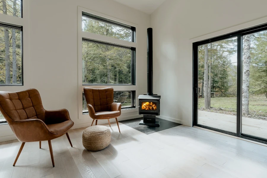 Living room with brown leather wingback lounge chairs