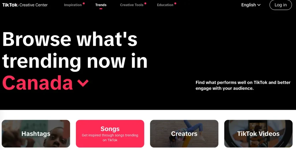 Captura de pantalla del Centro creativo de TikTok que muestra cómo encontrar tendencias