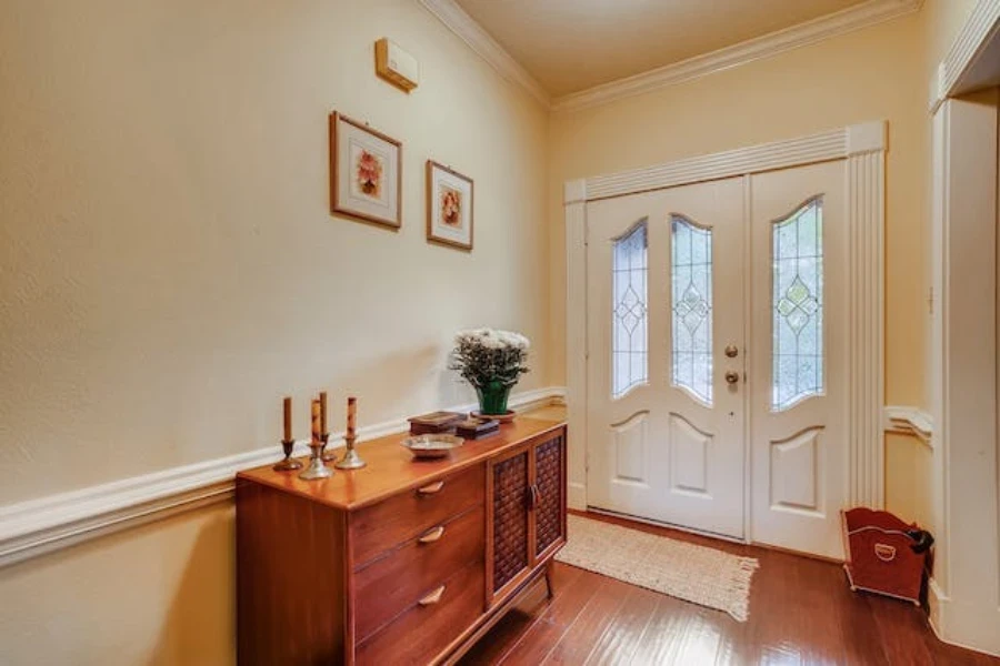 wooden console table in an entryway