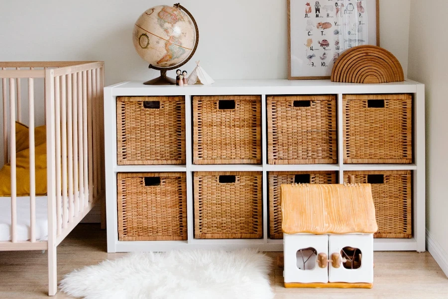 A toy storage basket in a children’s room