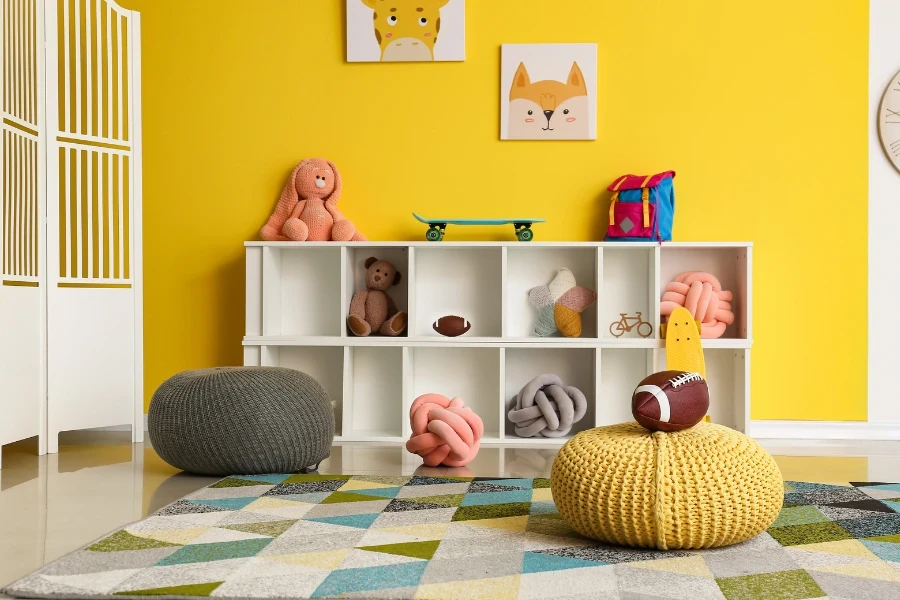 A toy storage cabinet in a kids’ room