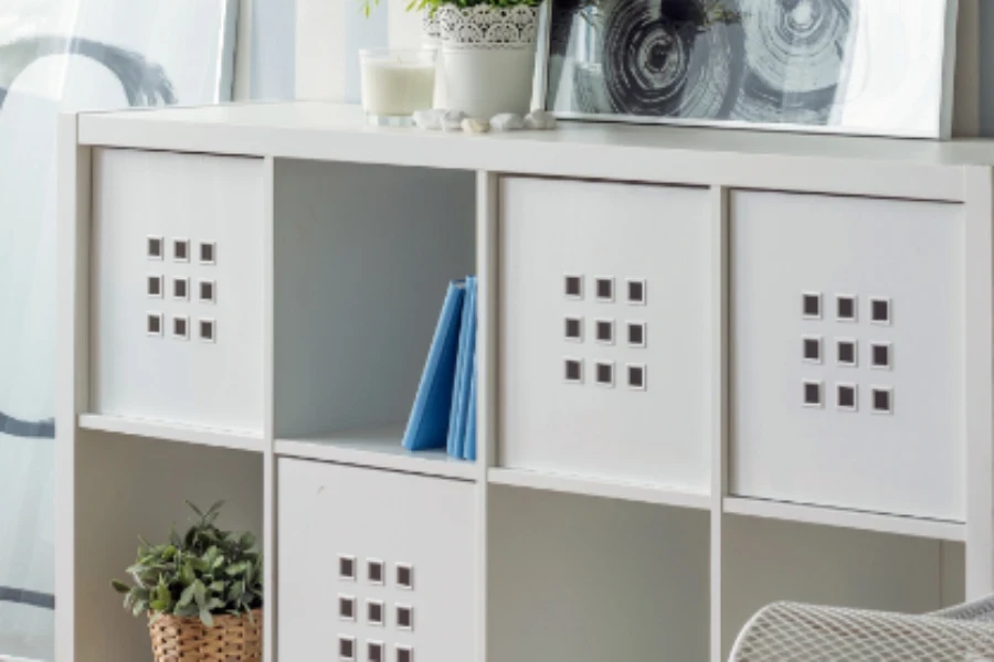 A toy storage cube in a room