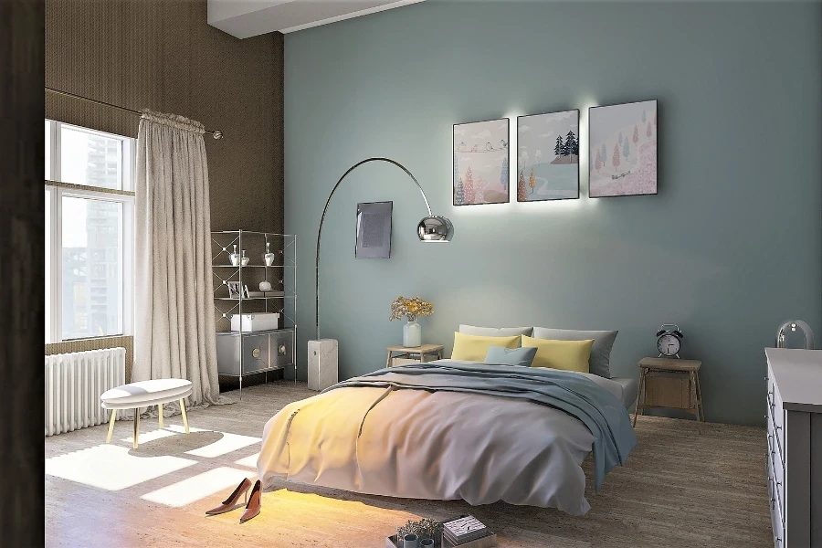 An arc floor lamp in a bedroom