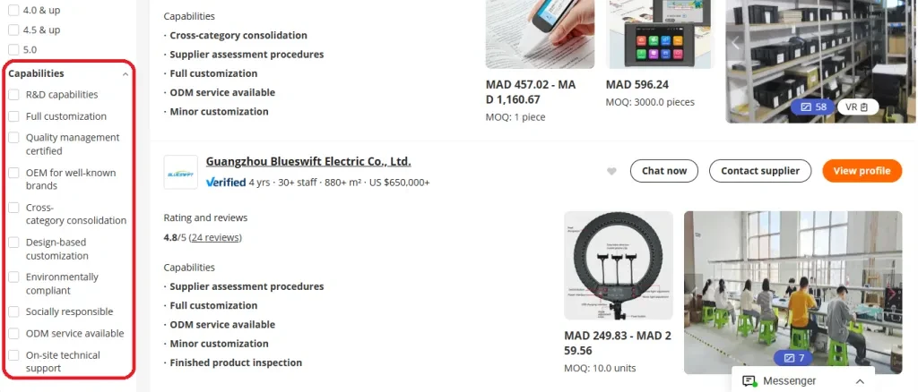 Filtering manufacturers by their capabilities and customization services