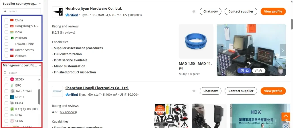 Filtering manufacturers by their location and management certifications