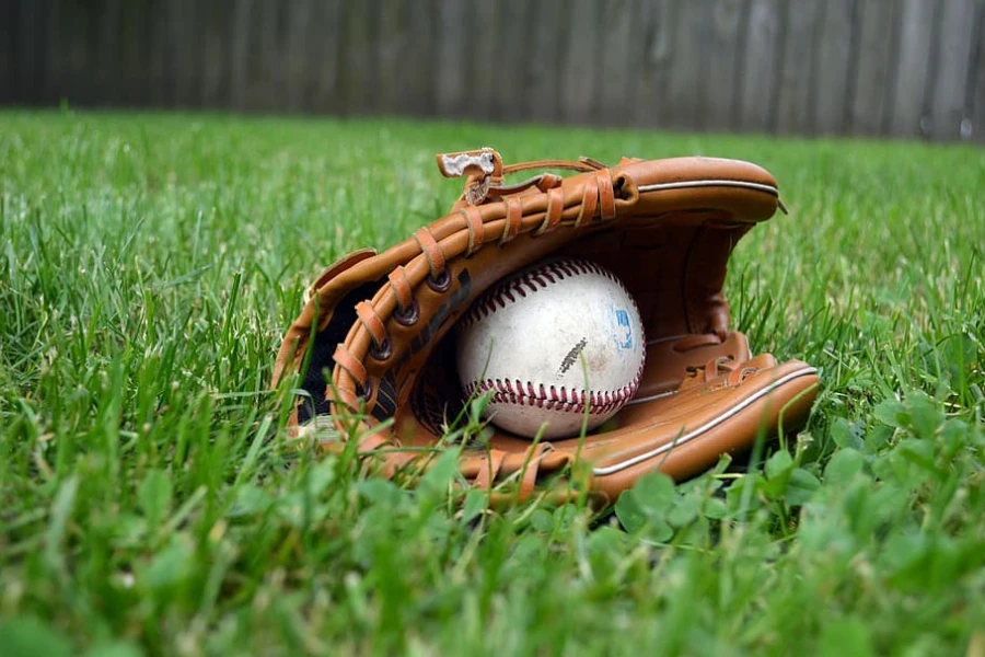 A ball caught in a baseball mitt