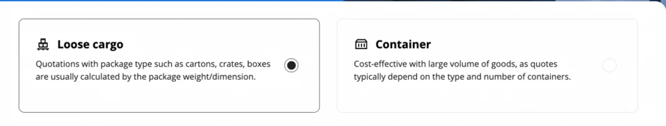 Elegir Carga Suelta o Contenedor como tipo de servicio