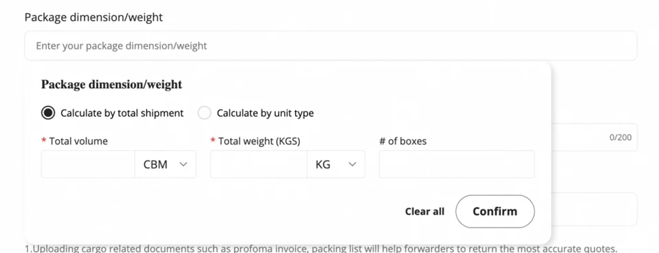 Entering the dimensions and weight of the shipped package