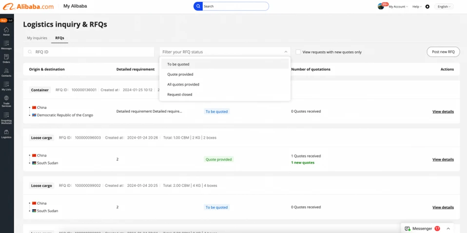 Filtering RFQ requests by their ID number and status