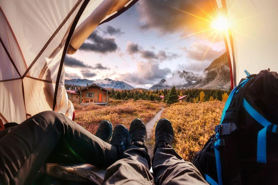 relaxing inside a tent