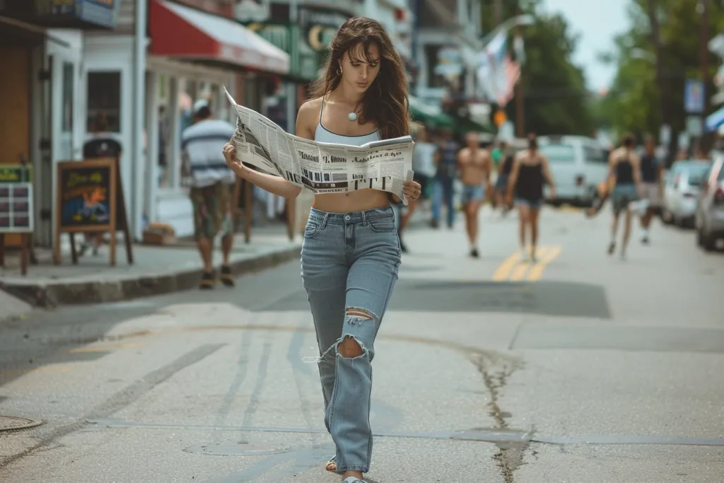 幅広のジーンズとワンショルダーのトップスを着た女の子が新聞を開いて通りを歩いている