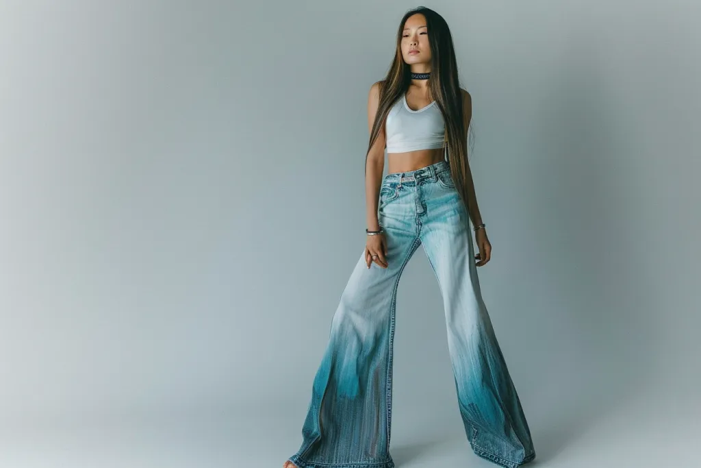 Una foto a figura intera di una modella asiatica che indossa jeans a gamba larga e un top a tubo bianco