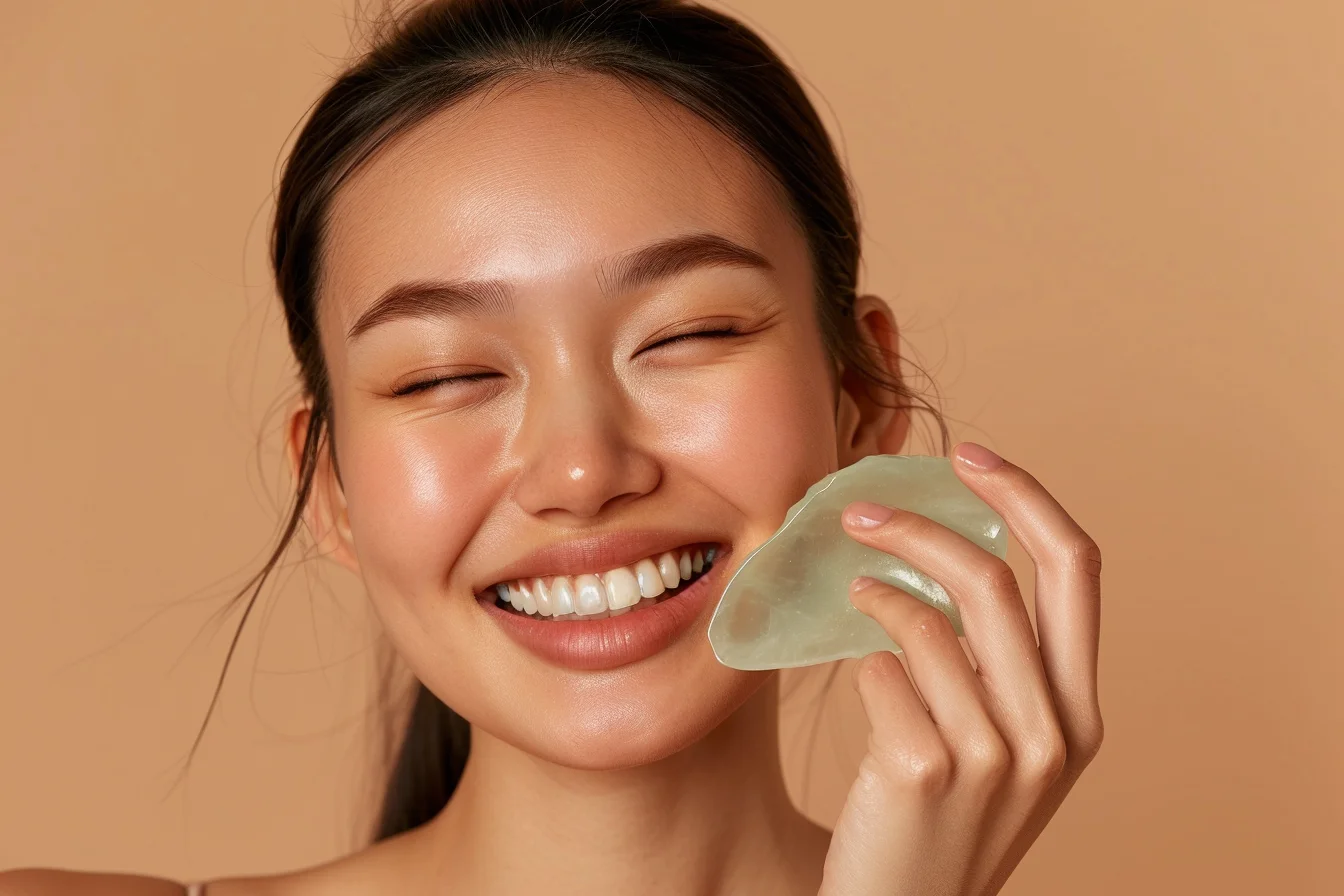 Foto ravvicinata di una bella donna asiatica sorridente che usa un gua sha verde