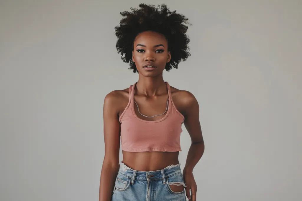 a model wearing an dusty pink sleeveless round neck tank top and denim shorts with cutouts