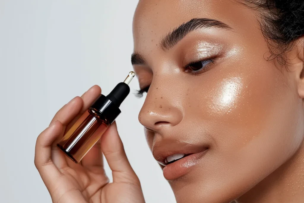 A closeup of the face and hand applying serum to her cheek