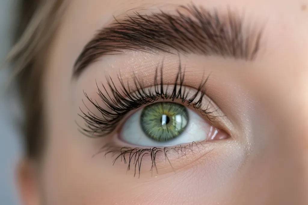 A closeup of the eyes and eyelashes with thick, long lashes