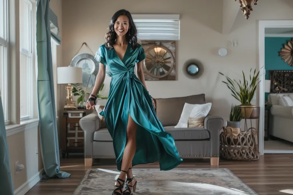 A full body photo of an attractive woman standing in her living room