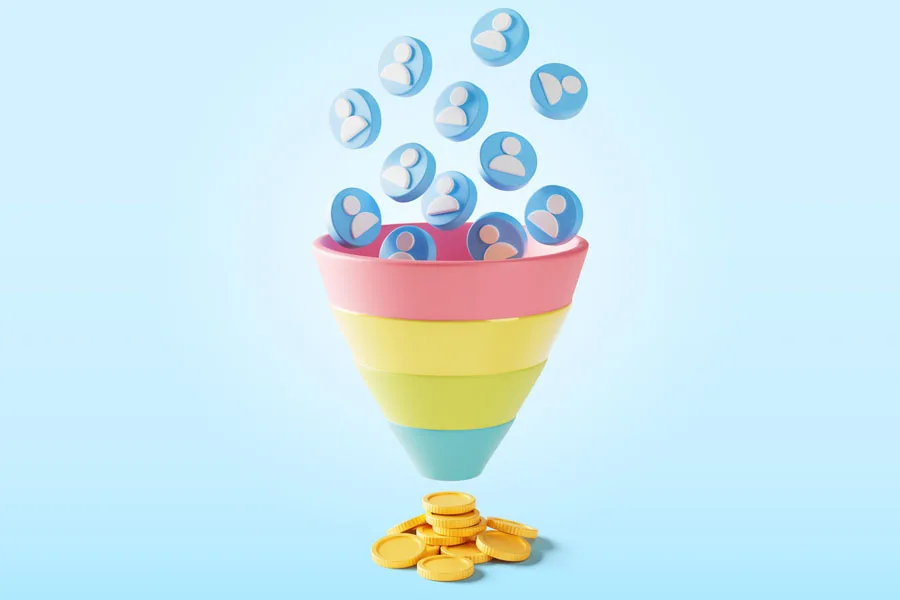 Representación 3D de un embudo de ventas multicolor