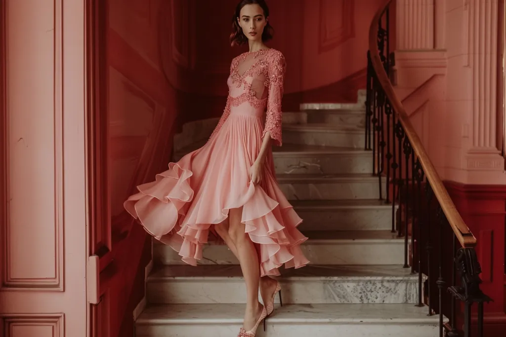 Фотография элегантной женщины в полный рост в розовом платье с высоким низким вырезом, кружевной кокеткой и полурукавами.