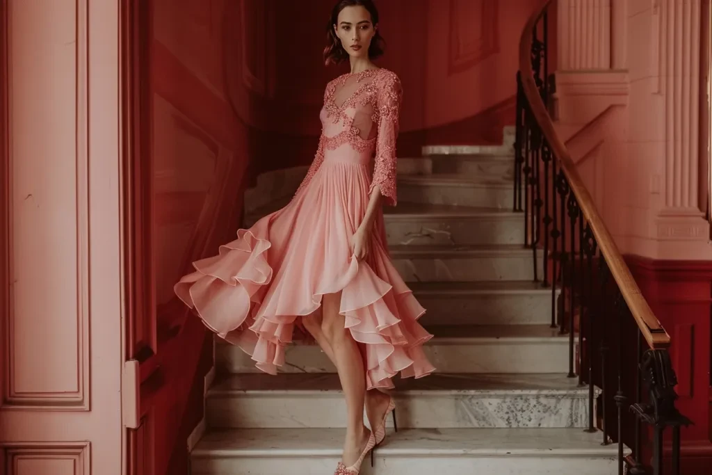 photo du corps entier d'une femme élégante portant une robe rose haute et basse avec empiècement en dentelle et demi-manches