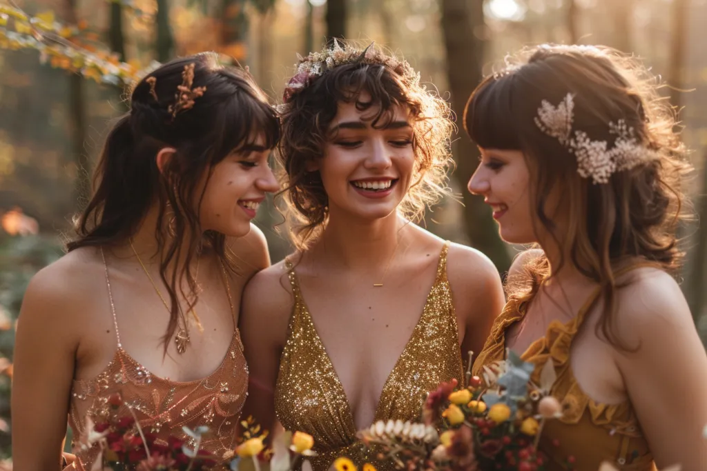 Bide e suas amigas na floresta, usando um vestido dourado com buquês de flores
