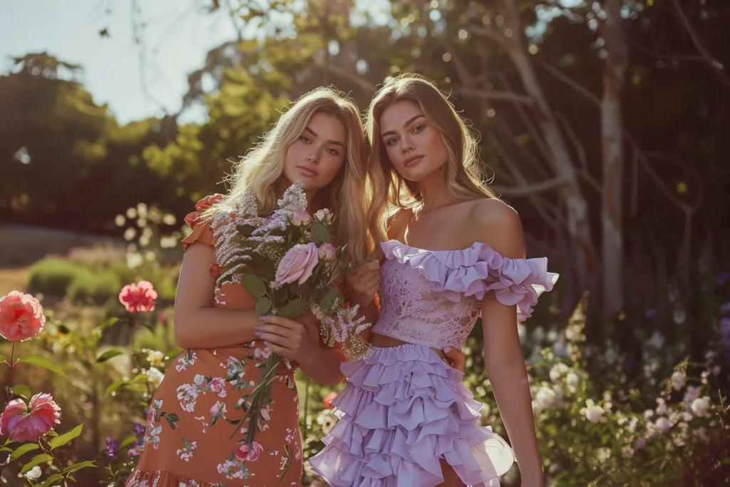 Zwei Modelle in einem Kleid mit Blumenmuster in Rosa und Lila