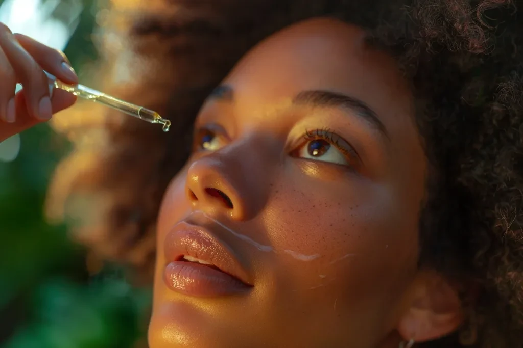 A close-up shot of an African American woman's face with curly hair