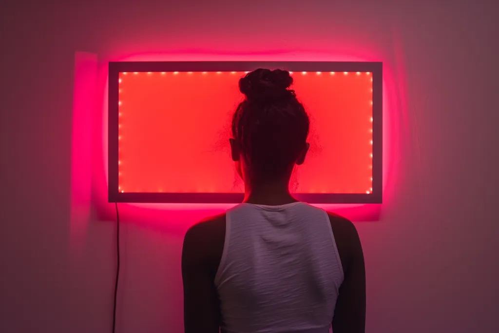 Panel de terapia de luz roja en una pared blanca con una mujer al frente