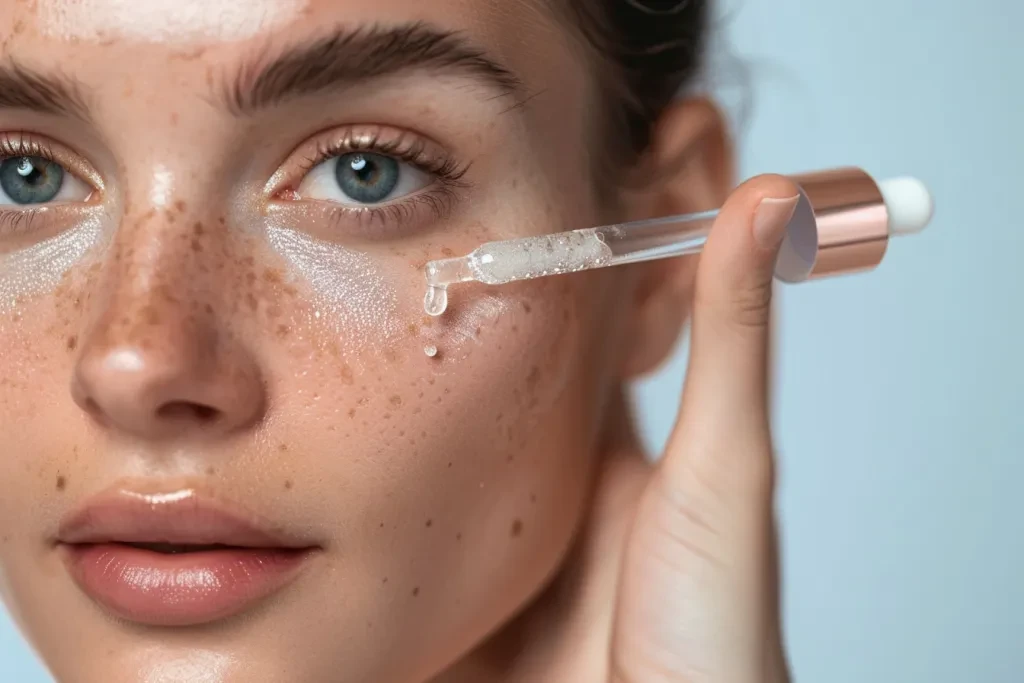 A closeup shot of an woman applying serum to her face