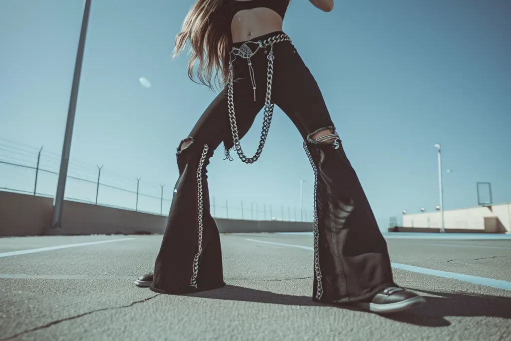 Ein Foto eines alternativen Mädchens, das schwarze Schlaghosen trägt