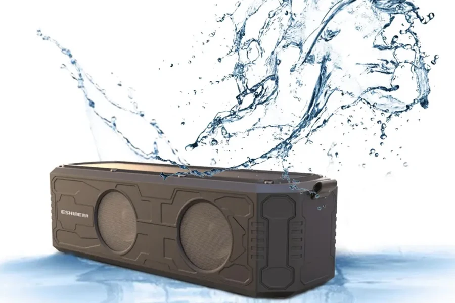 A black rectangular waterproof speaker