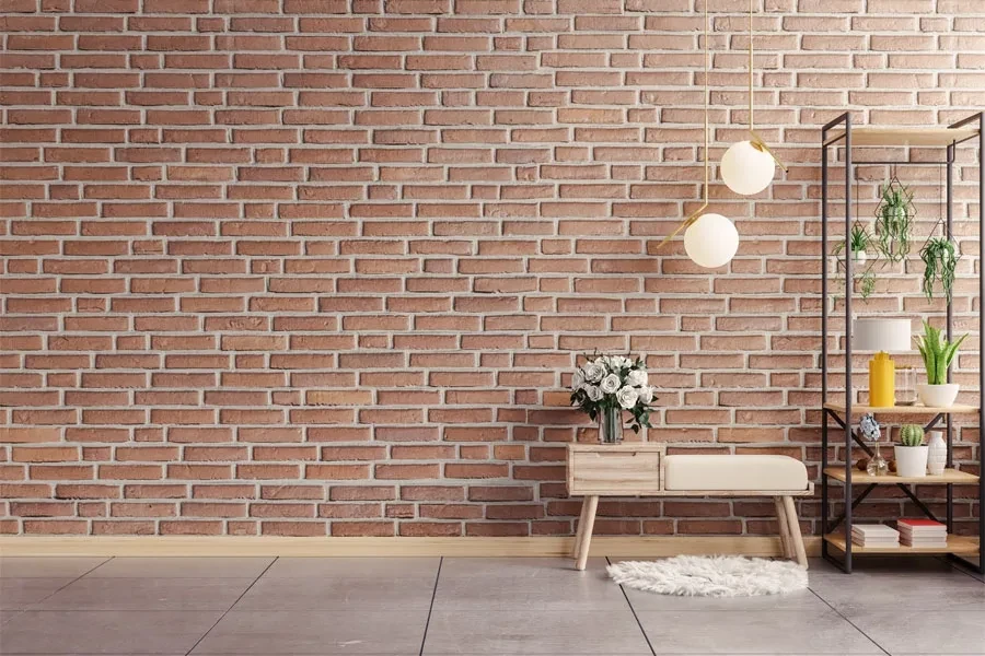 A brick-style wall in a living room