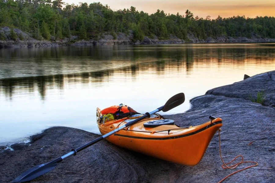 Una pagaia su un kayak vicino ad un lago